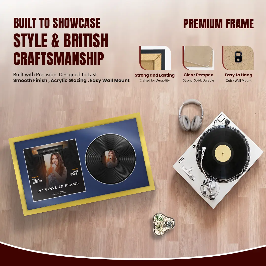 30x17" Modern Sleek Gold Vinyl Record Frame With Poppy Red Mount | Side by Side 12" LP Cover & Disc Display thumbnail 2