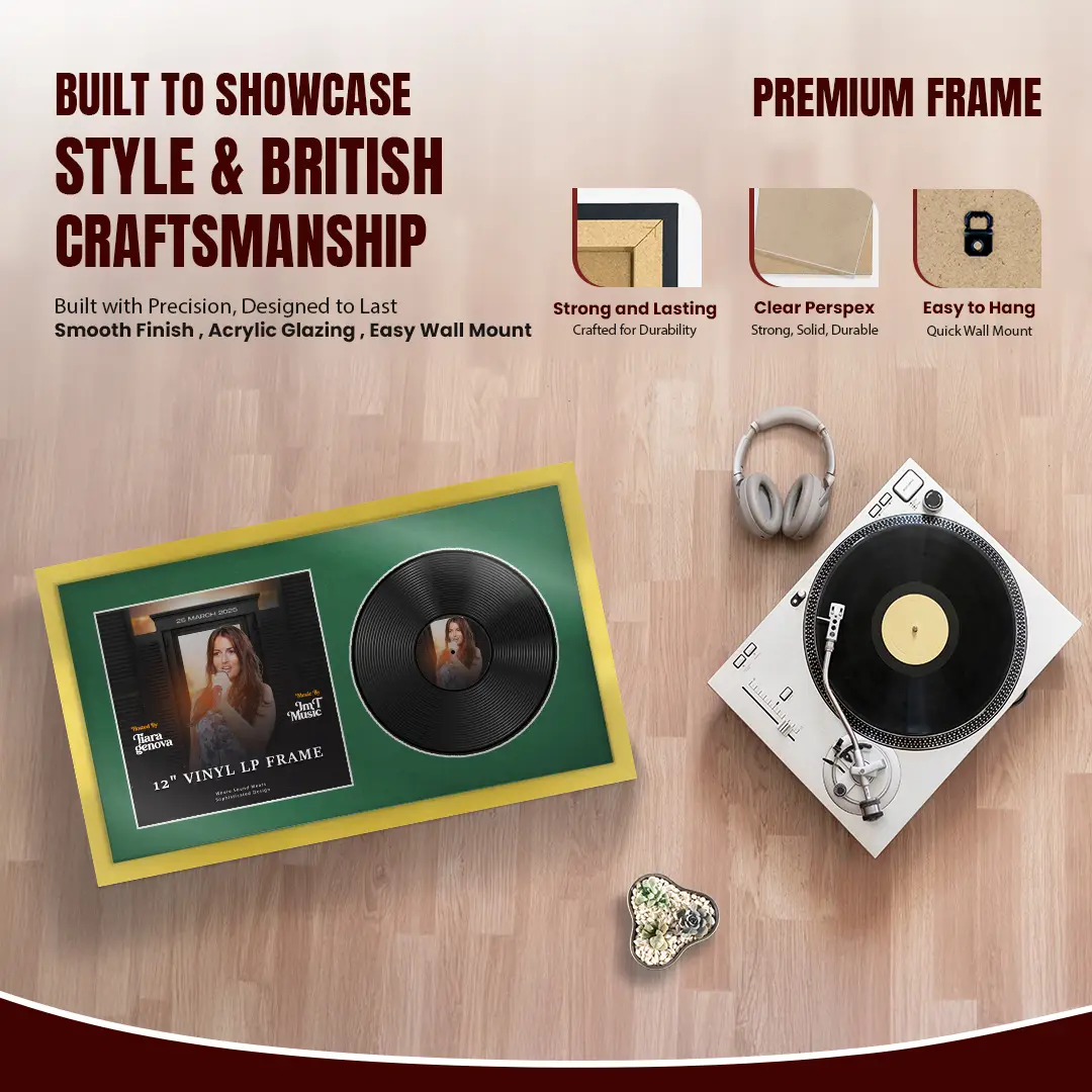 30x17" Modern Sleek Gold Vinyl Record Frame With Emerald (Green) Mount | Displays 12" LP Cover & Disc Side by Side thumbnail 2