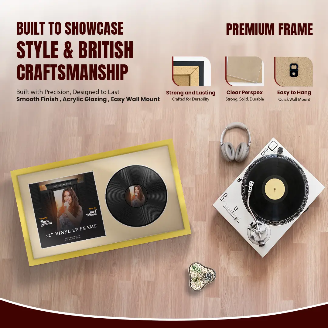30x17" Modern Sleek Gold Vinyl Record Frame With Poppy Red Mount | Side by Side 12" LP Cover & Disc Display thumbnail 2