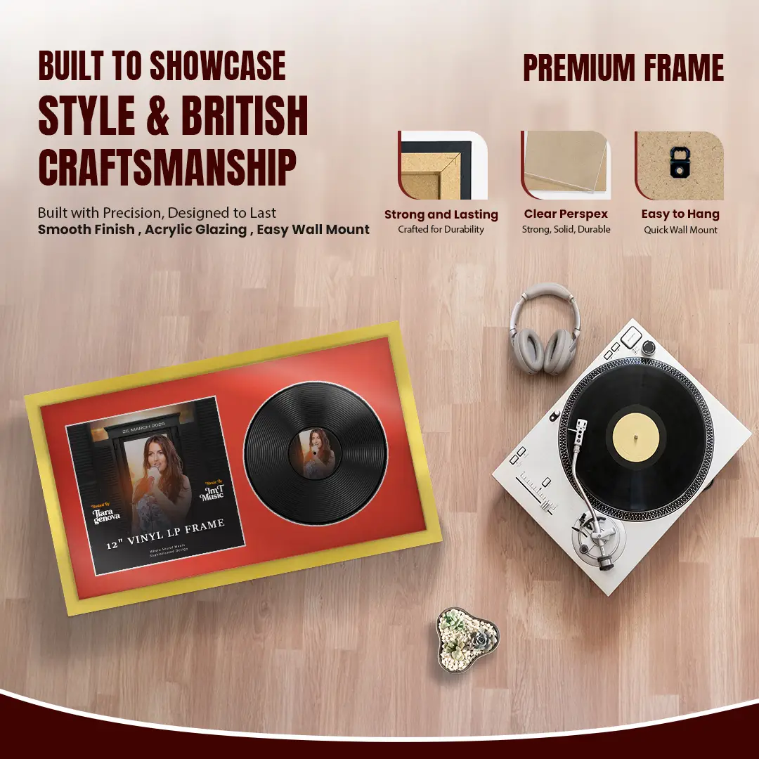 30x17" Modern Sleek Gold Vinyl Record Frame With Poppy Red Mount | Side by Side 12" LP Cover & Disc Display thumbnail 2