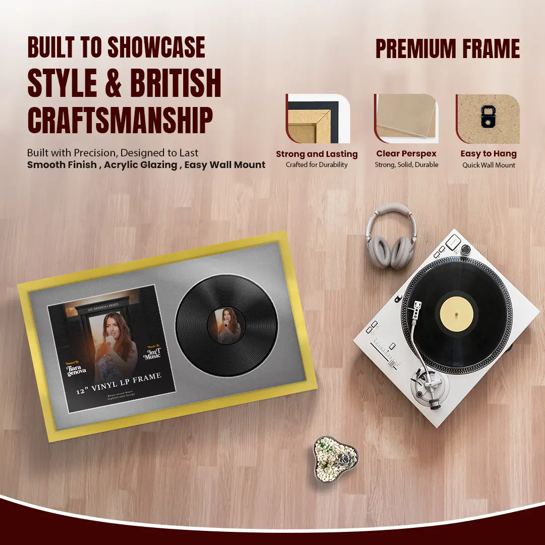 30x17" Modern Sleek Gold Vinyl Record Frame With Silver Mount | Displays 12" LP Cover & Disc Side by Side thumbnail 2