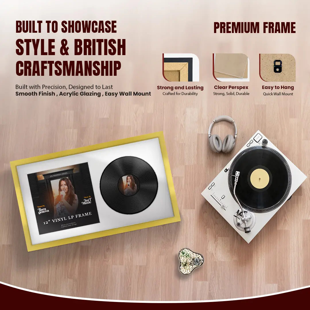 30x17" Modern Sleek Gold Vinyl Record Frame With Ice White Mount | Side by Side 12" LP Cover & Disc Display thumbnail 2