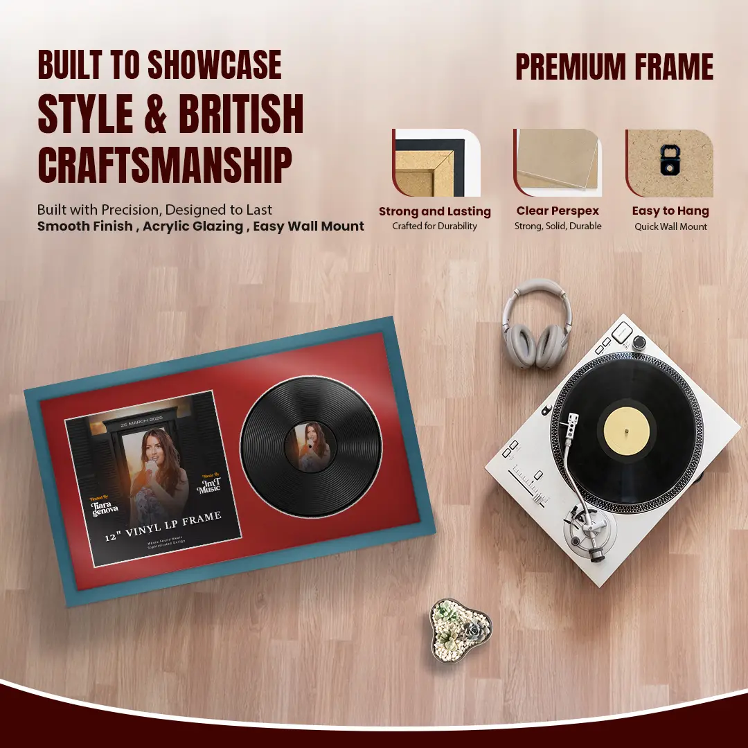 30x17" Modern Sleek Navy Blue Vinyl Record Frame With Crimson Mount | For 12" LP Cover and Disc Side By Side Display thumbnail 2