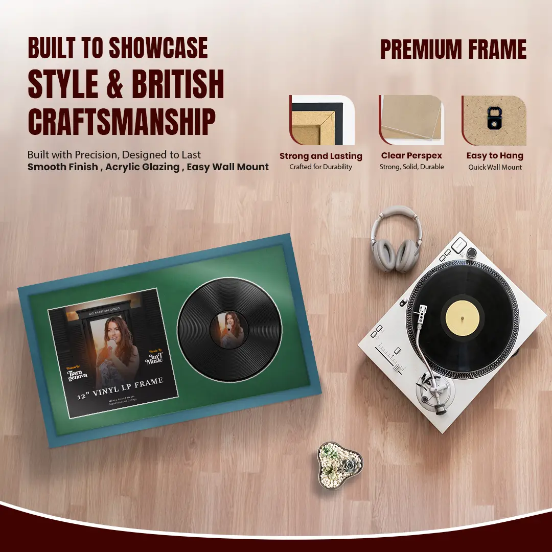 30x17" Modern Sleek Navy Blue Vinyl Record Frame With Emerald (Green) Mount | Displays 12" LP Cover & Disc Side by Side thumbnail 2