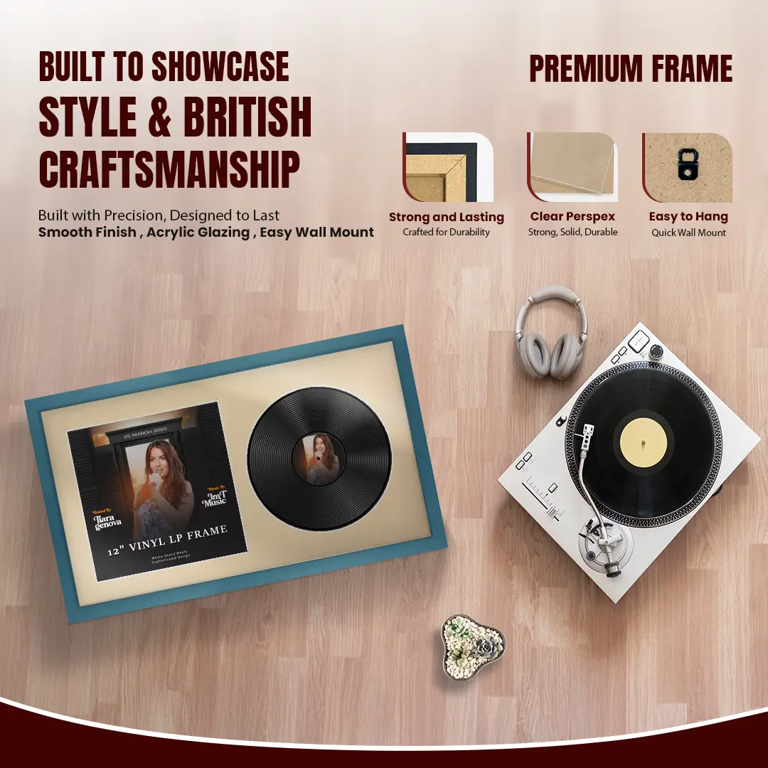 30x17" Modern Sleek Navy Blue Vinyl Record Frame With Ivory Mount | Side by Side 12" LP Cover & Disc Display thumbnail 2