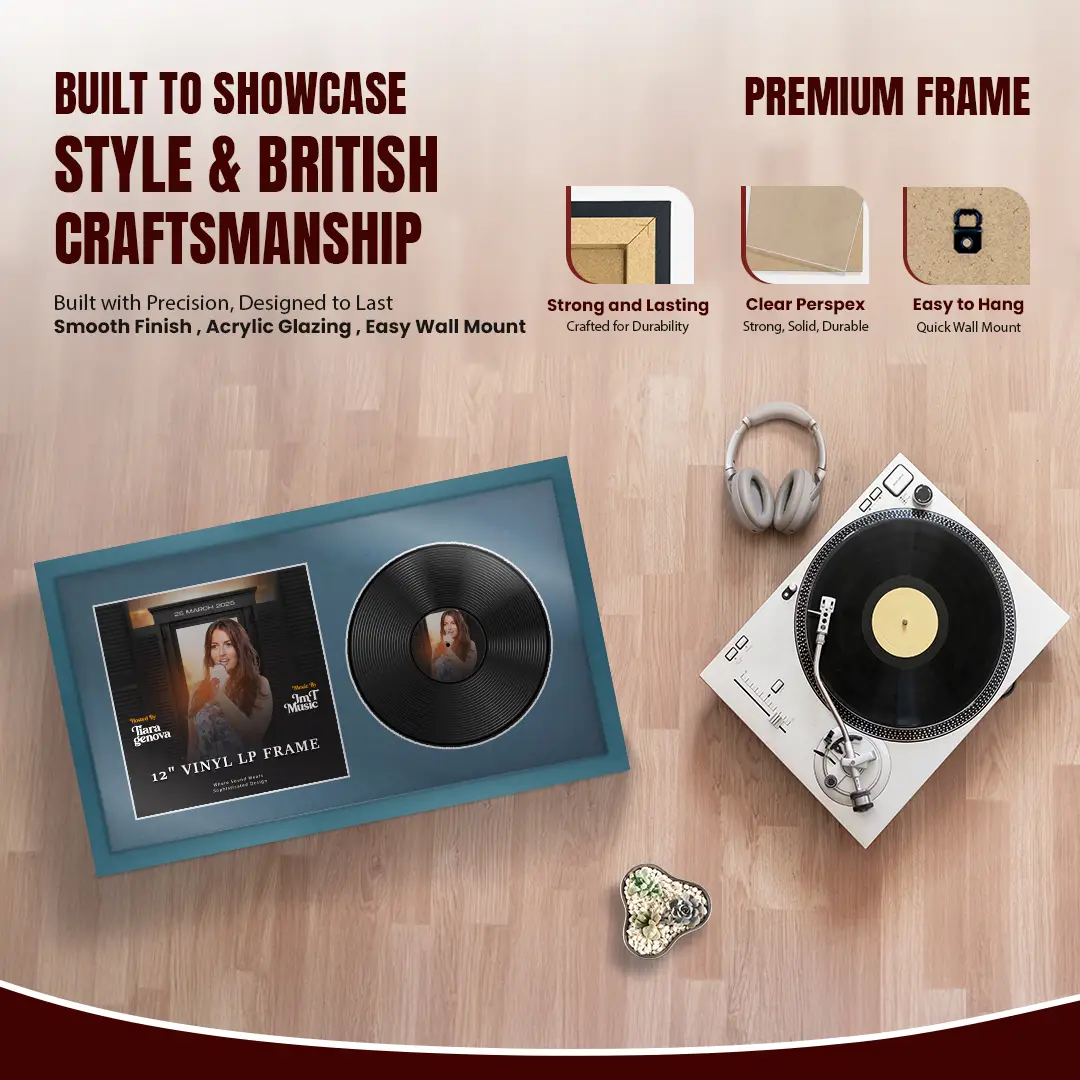 30x17" Modern Sleek Navy Blue Vinyl Record Frame With Pompador Mount | Displays 12" LP Cover & Disc Side by Side thumbnail 2