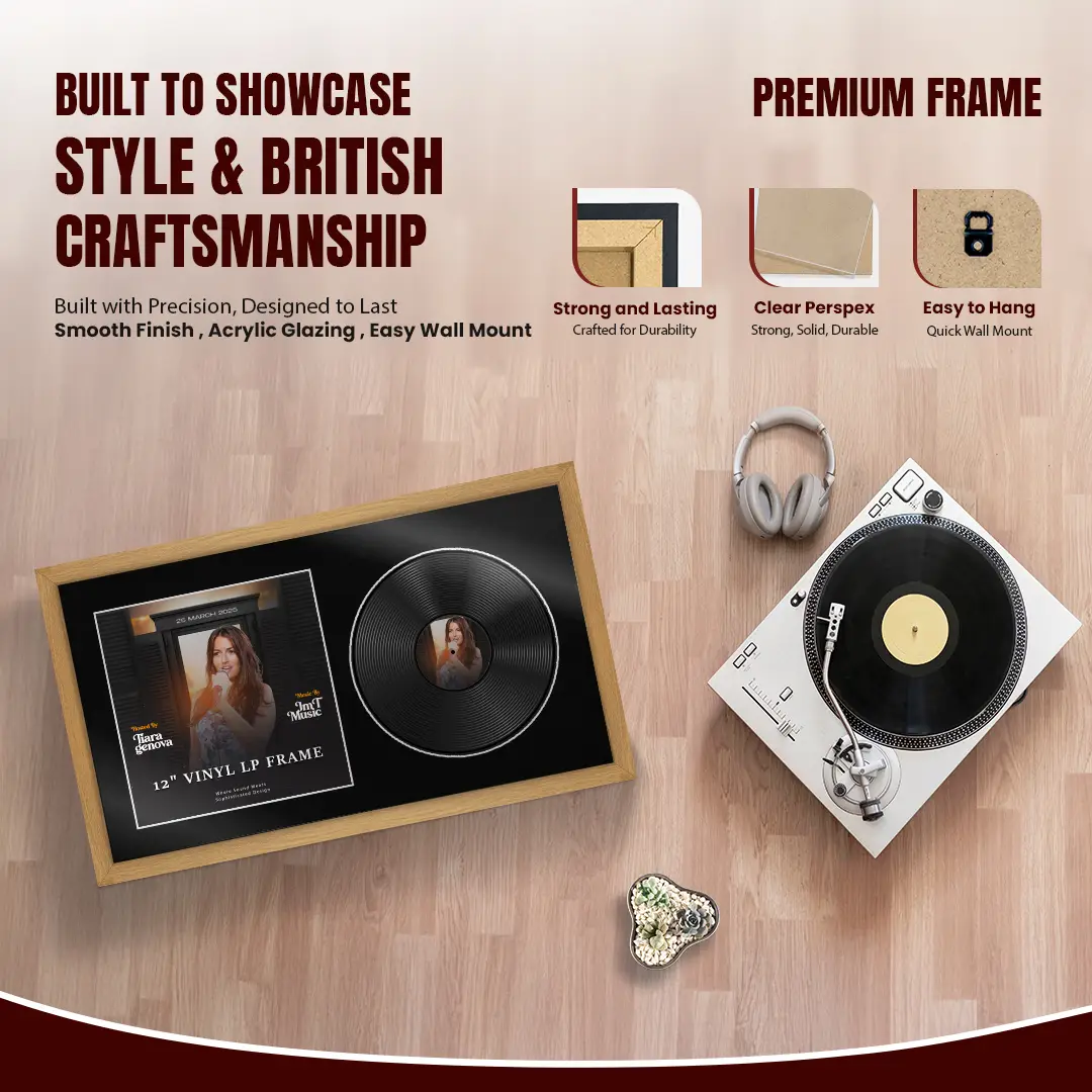30x17" Modern Sleek Oak Vinyl Record Frame With Poppy Red Mount | Side by Side 12" LP Cover & Disc Display thumbnail 2