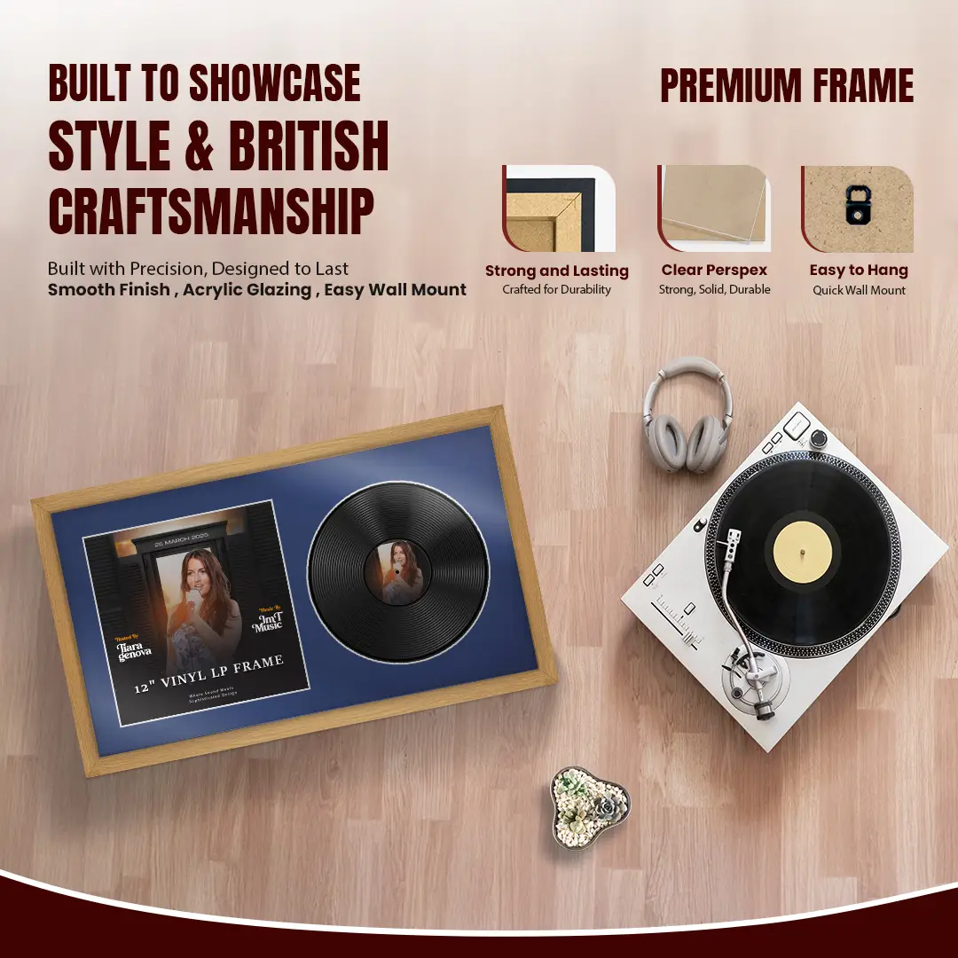 30x17" Modern Sleek Oak Vinyl Record Frame With Silver Mount | Displays 12" LP Cover & Disc Side by Side thumbnail 2