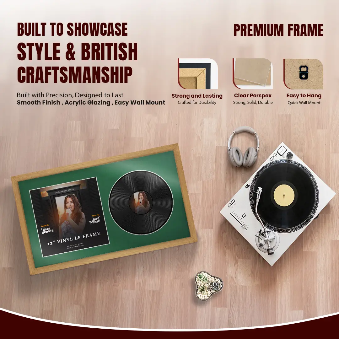 30x17" Modern Sleek Oak Vinyl Record Frame With Emerald (Green) Mount | Displays 12" LP Cover & Disc Side by Side thumbnail 2