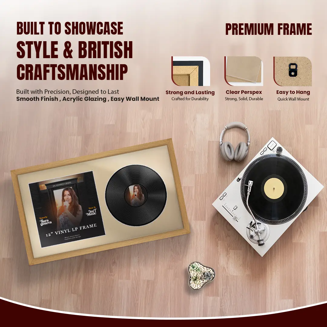 30x17" Modern Sleek Oak Vinyl Record Frame With Ivory Mount | Displays 12" LP Cover & Disc Side by Side thumbnail 2