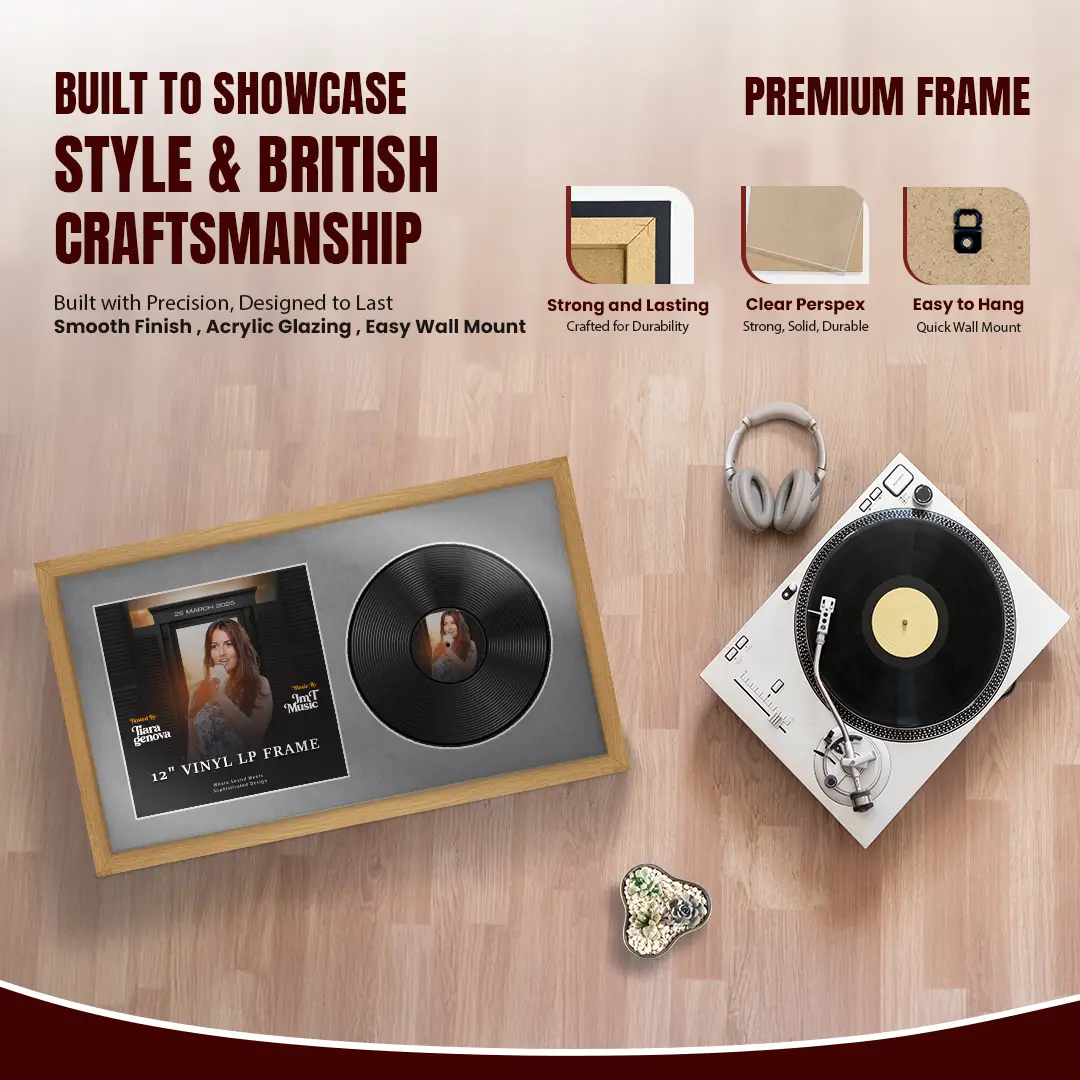 30x17" Modern Sleek Oak Vinyl Record Frame With Mid Grey Mount | For 12" LP Cover and Disc Side By Side Display thumbnail 2