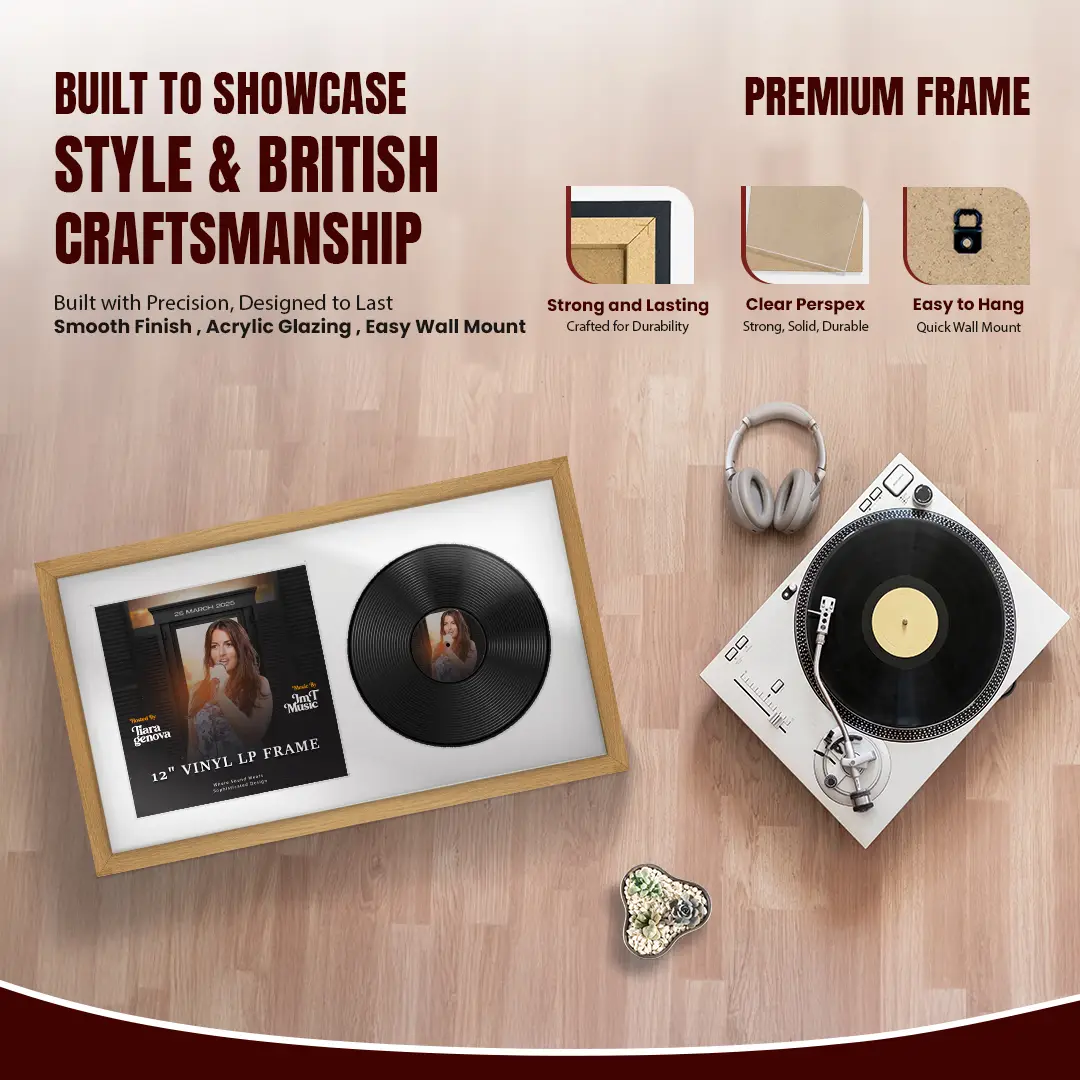 30x17" Modern Sleek Oak Vinyl Record Frame With Ice White Mount | Displays 12" LP Cover & Disc Side by Side thumbnail 2