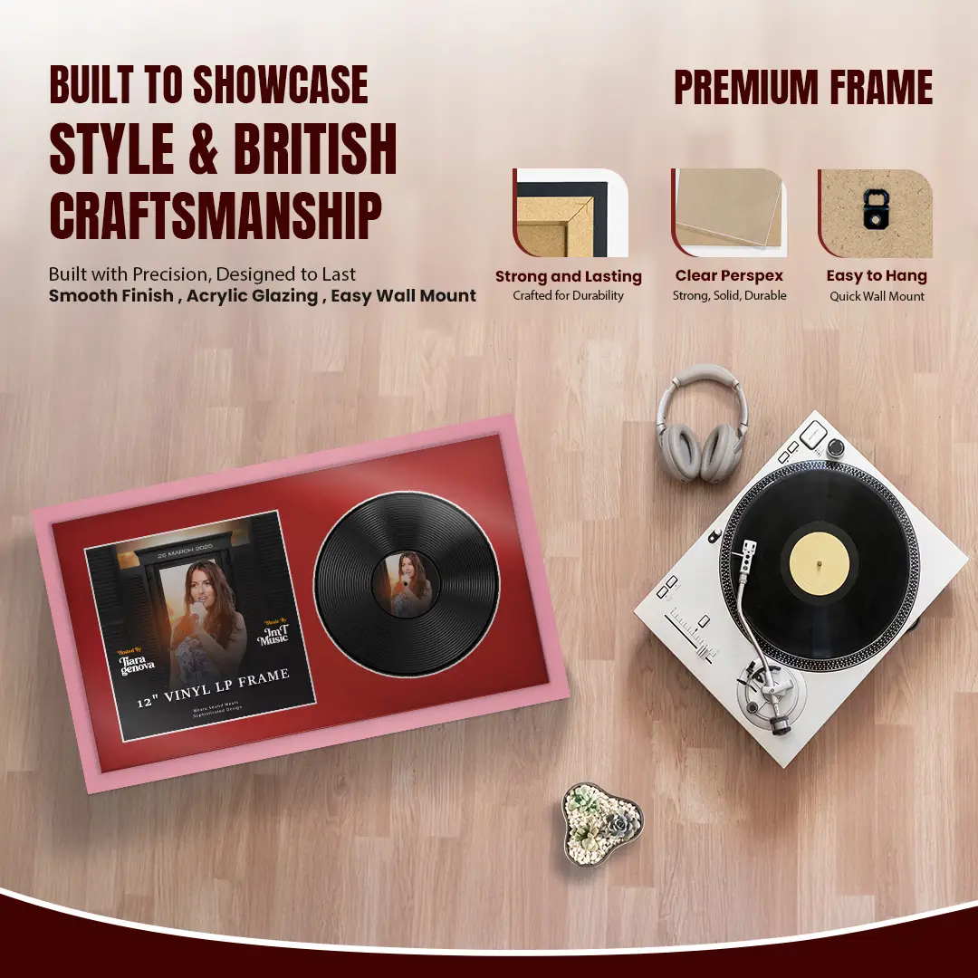 30x17" Modern Sleek Pastel Pink Vinyl Record Frame With Crimson Mount | For 12" LP Cover and Disc Side By Side Display thumbnail 2