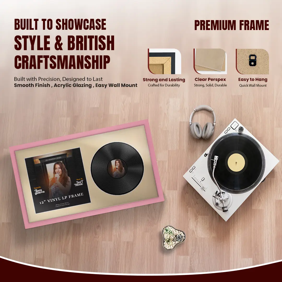 30x17" Modern Sleek Pastel Pink Vinyl Record Frame With Ivory Mount | Displays 12" LP Cover & Disc Side by Side thumbnail 2