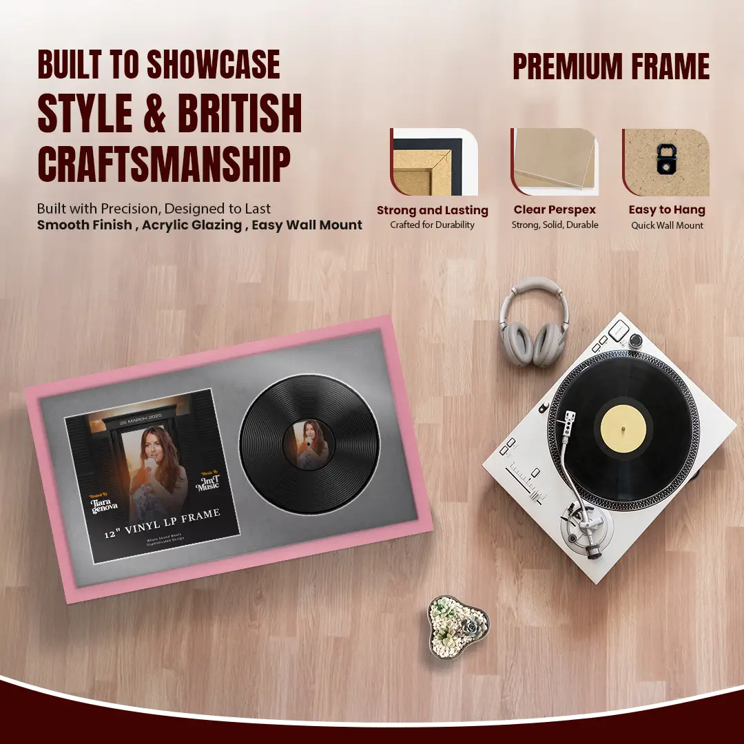 30x17" Modern Sleek Pastel Pink Vinyl Record Frame With Silver Mount | Displays 12" LP Cover & Disc Side by Side thumbnail 2