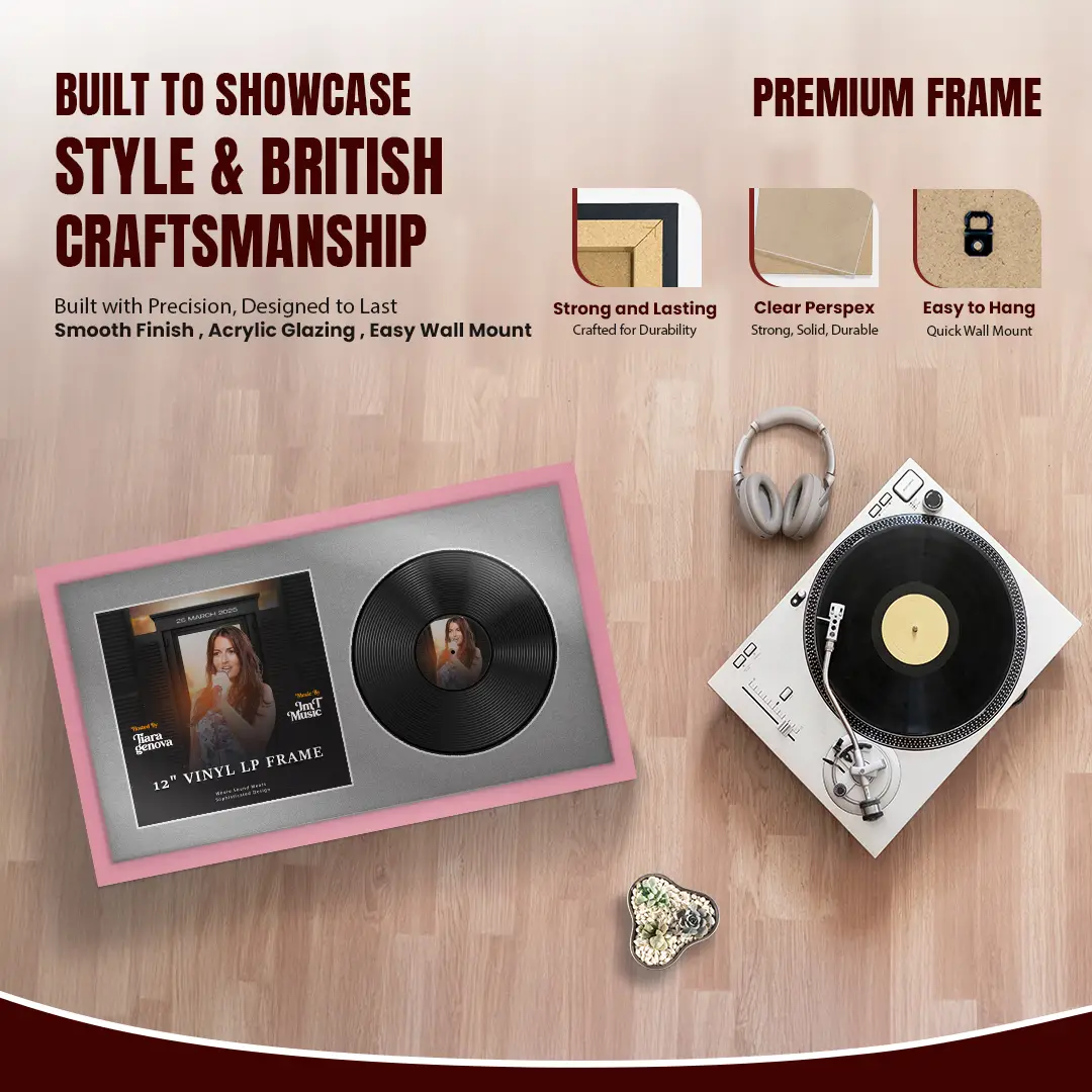30x17" Modern Sleek Pastel Pink Vinyl Record Frame With Silver Mount | Displays 12" LP Cover & Disc Side by Side thumbnail 2