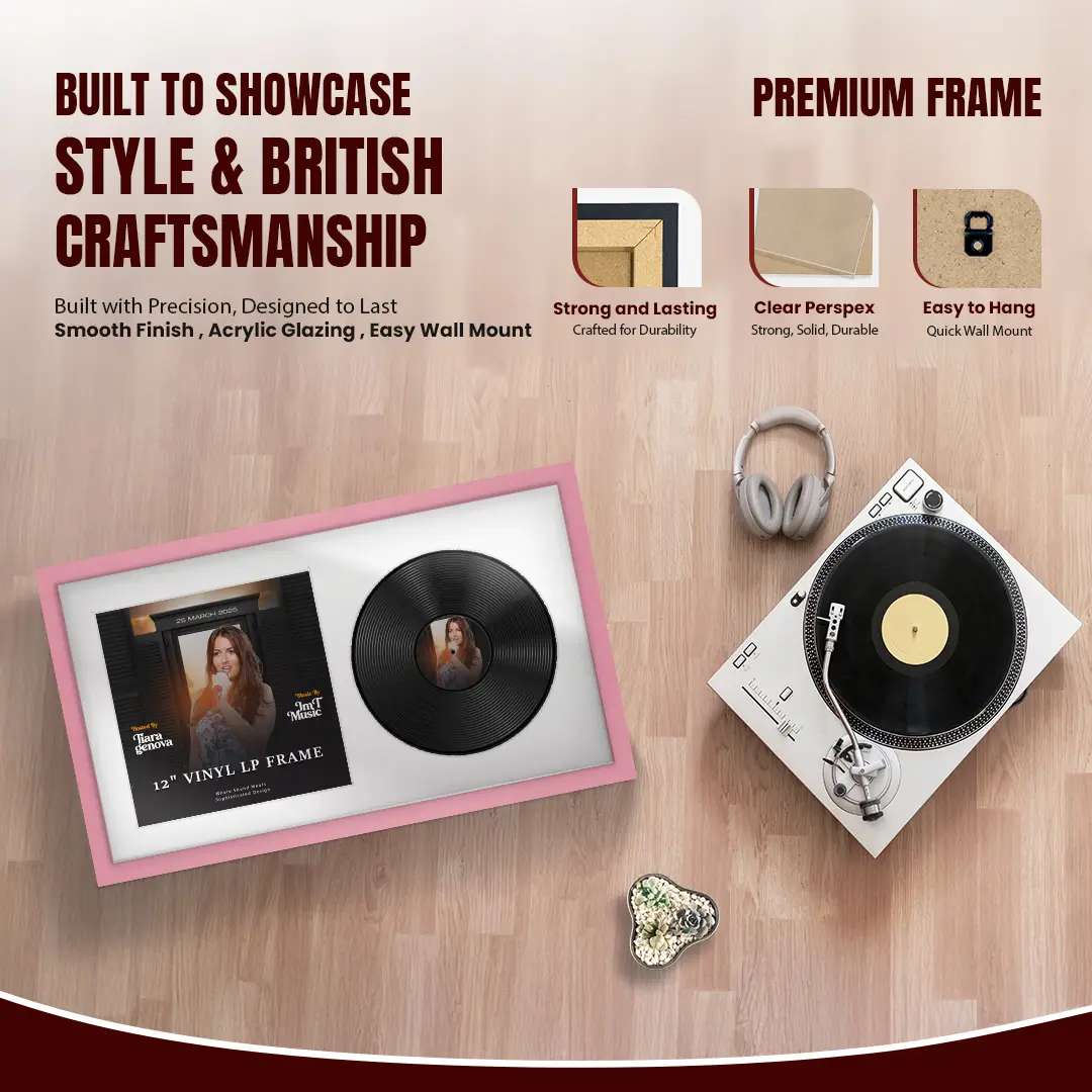 30x17" Modern Sleek Pastel Pink Vinyl Record Frame With Ice White Mount | Displays 12" LP Cover & Disc Side by Side thumbnail 2