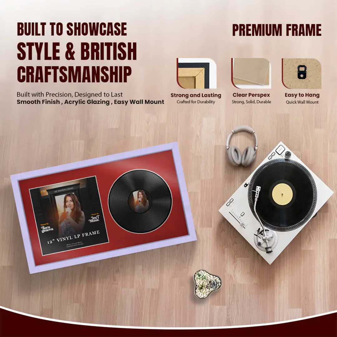 30x17" Modern Sleek Purple Vinyl Record Frame With Crimson Mount | Side by Side 12" LP Cover & Disc Display thumbnail 2