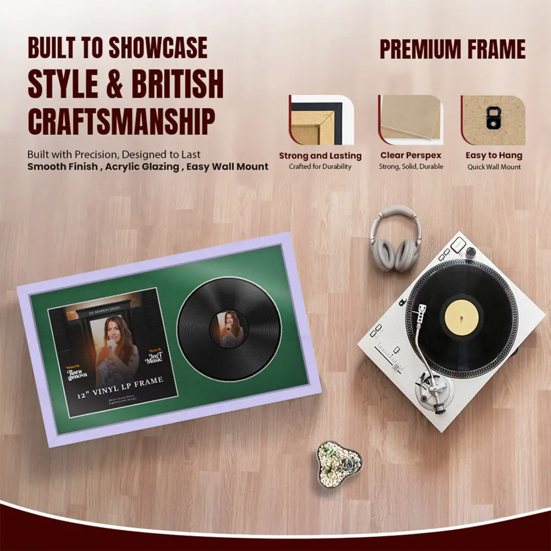 30x17" Modern Sleek Purple Vinyl Record Frame With Emerald (Green) Mount | Side by Side 12" LP Cover & Disc Display thumbnail 2