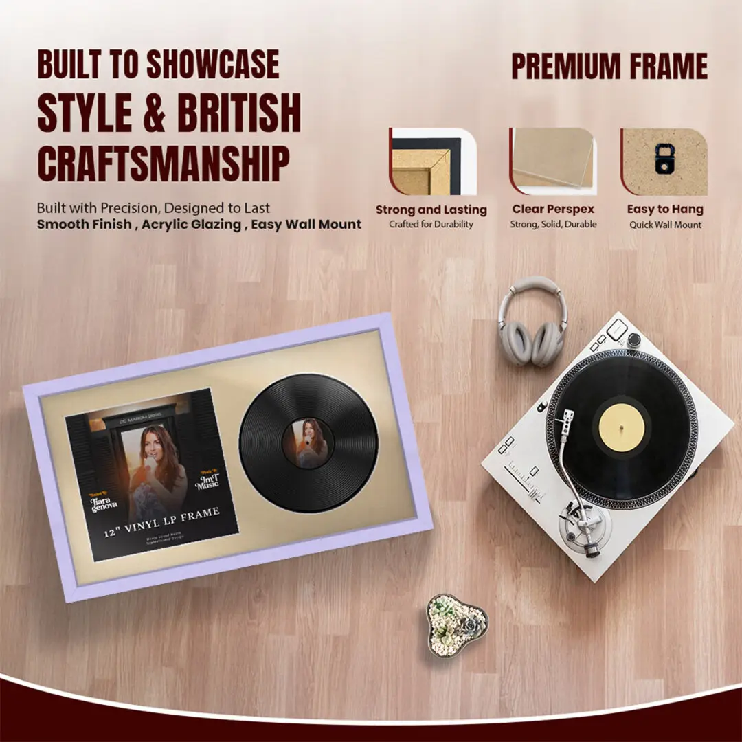 30x17" Modern Sleek Purple Vinyl Record Frame With Ivory Mount | Displays 12" LP Cover & Disc Side by Side thumbnail 2