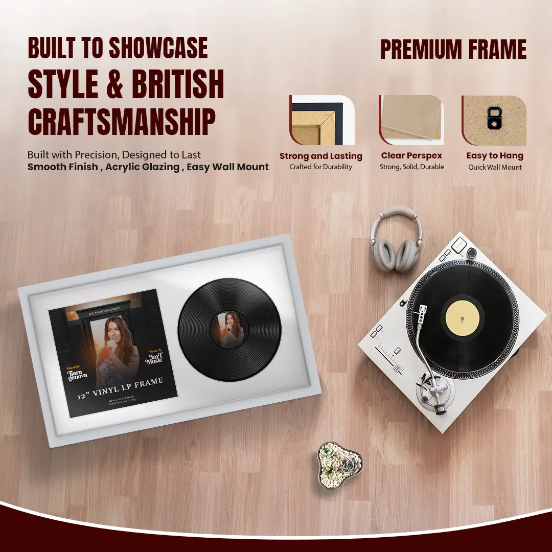 30x17" Modern Sleek Silver Vinyl Record Frame With Ice White Mount | For 12" LP Cover and Disc Side By Side Display thumbnail 2
