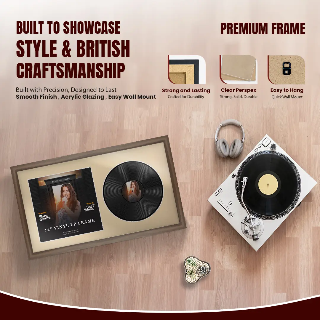 30x17" Modern Sleek Walnut Vinyl Record Frame With Poppy Red Mount | Side by Side 12" LP Cover & Disc Display thumbnail 2