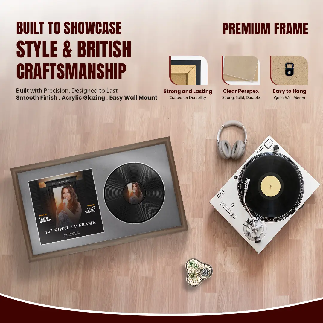 30x17" Modern Sleek Walnut Vinyl Record Frame With Mid Grey Mount | Displays 12" LP Cover & Disc Side by Side thumbnail 2