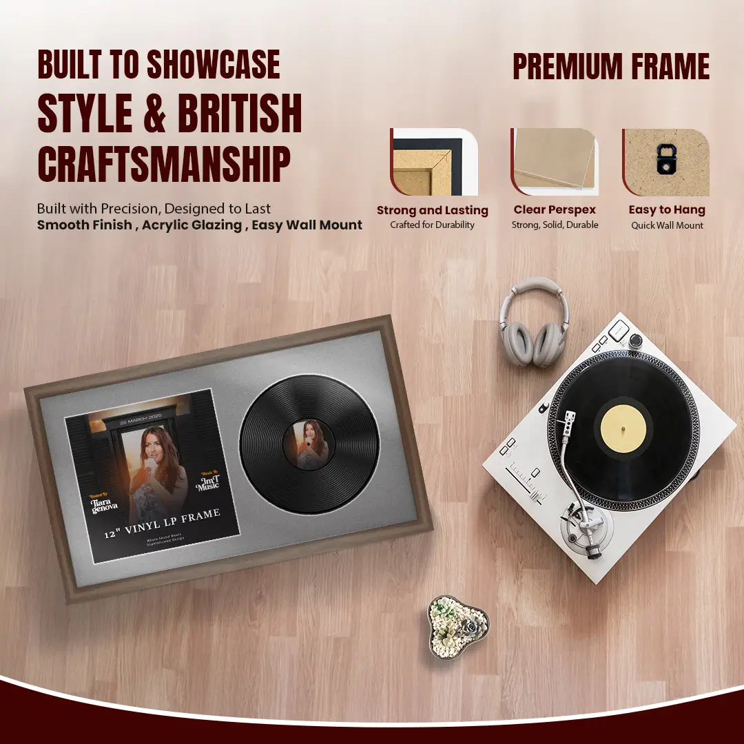 30x17" Modern Sleek Walnut Vinyl Record Frame With Poppy Red Mount | Side by Side 12" LP Cover & Disc Display thumbnail 2
