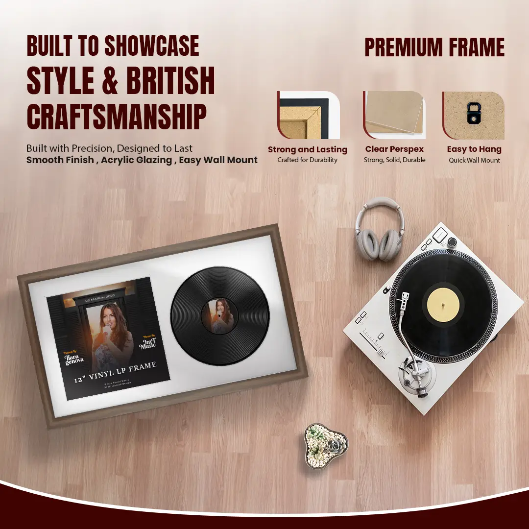30x17" Modern Sleek Walnut Vinyl Record Frame With Silver Mount | For 12" LP Cover and Disc Side By Side Display thumbnail 2