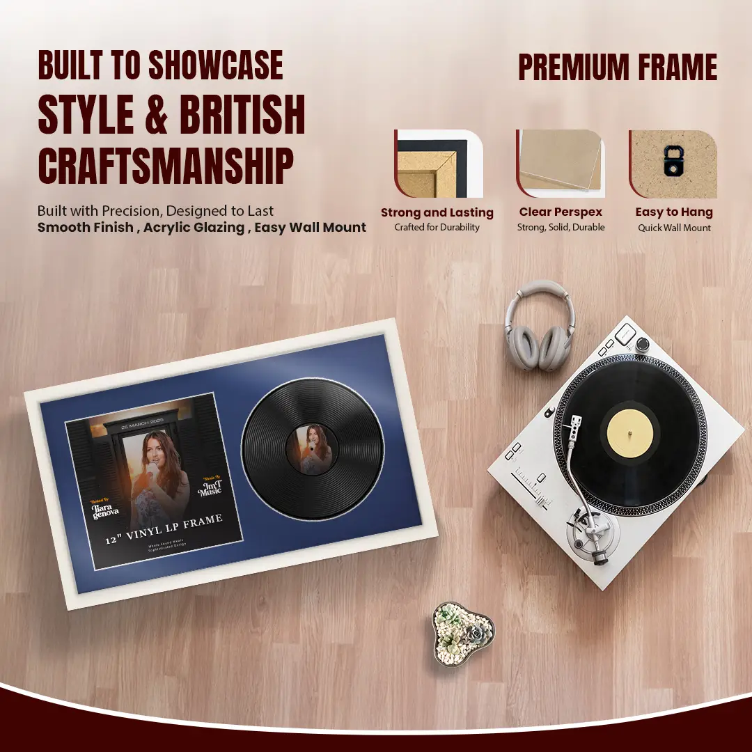 30x17" Modern Sleek White Vinyl Record Frame With Blue Mount | For 12" LP Cover and Disc Side By Side Display thumbnail 2