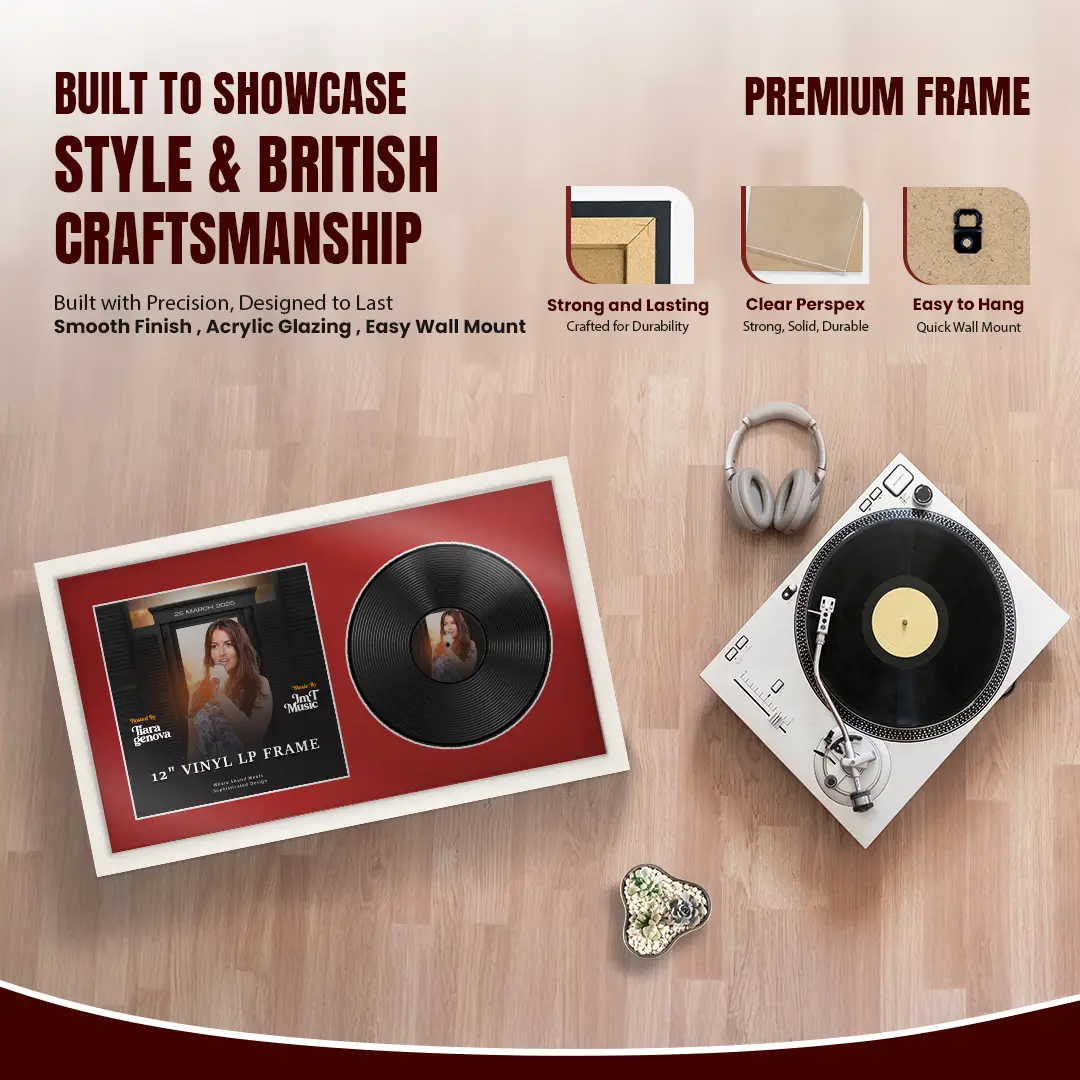 30x17" Modern Sleek White Vinyl Record Frame With Crimson Mount | For 12" LP Cover and Disc Side By Side Display thumbnail 2