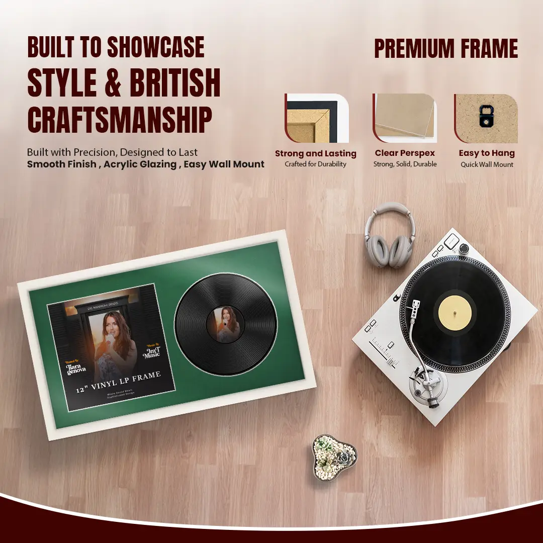 30x17" Modern Sleek White Vinyl Record Frame With Emerald (Green) Mount | Side by Side 12" LP Cover & Disc Display thumbnail 2