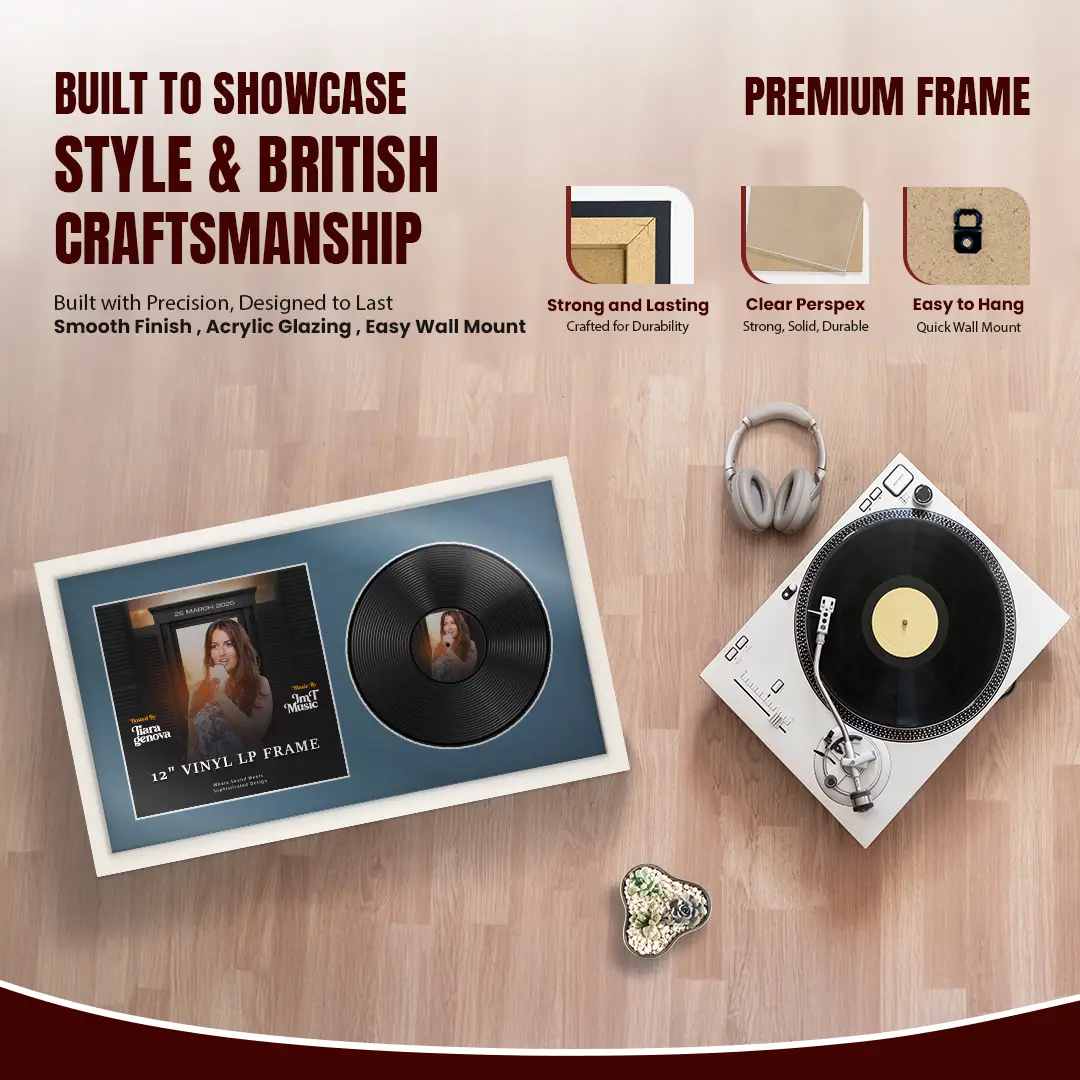 30x17" Modern Sleek White Vinyl Record Frame With Pompador Mount | Side by Side 12" LP Cover & Disc Display thumbnail 2