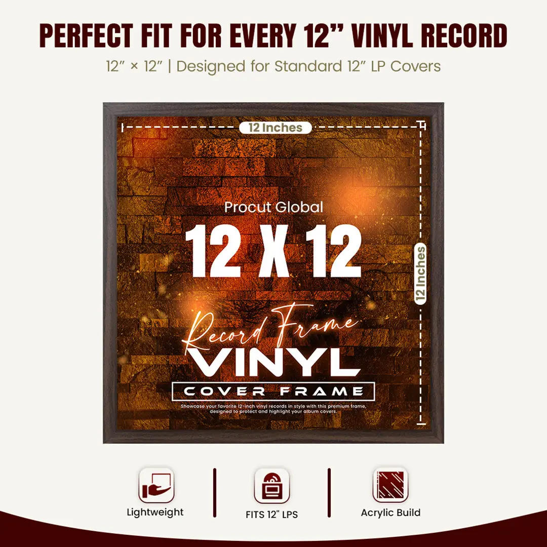 12x12" Modern Sleek Walnut Vinyl Record Frame For 12" LP Album Covers | Square Vinyl Frame For Wall Display thumbnail 3