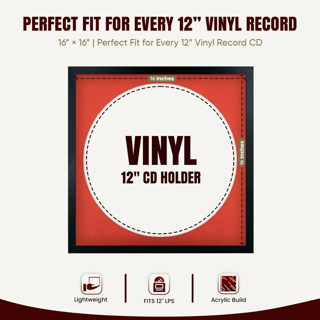 16x16" Modern Sleek Black Vinyl Record Frame With Poppy Red Mount For 12" LP Discs | Premium Wall Frame For Music Enthusiasts thumbnail 3