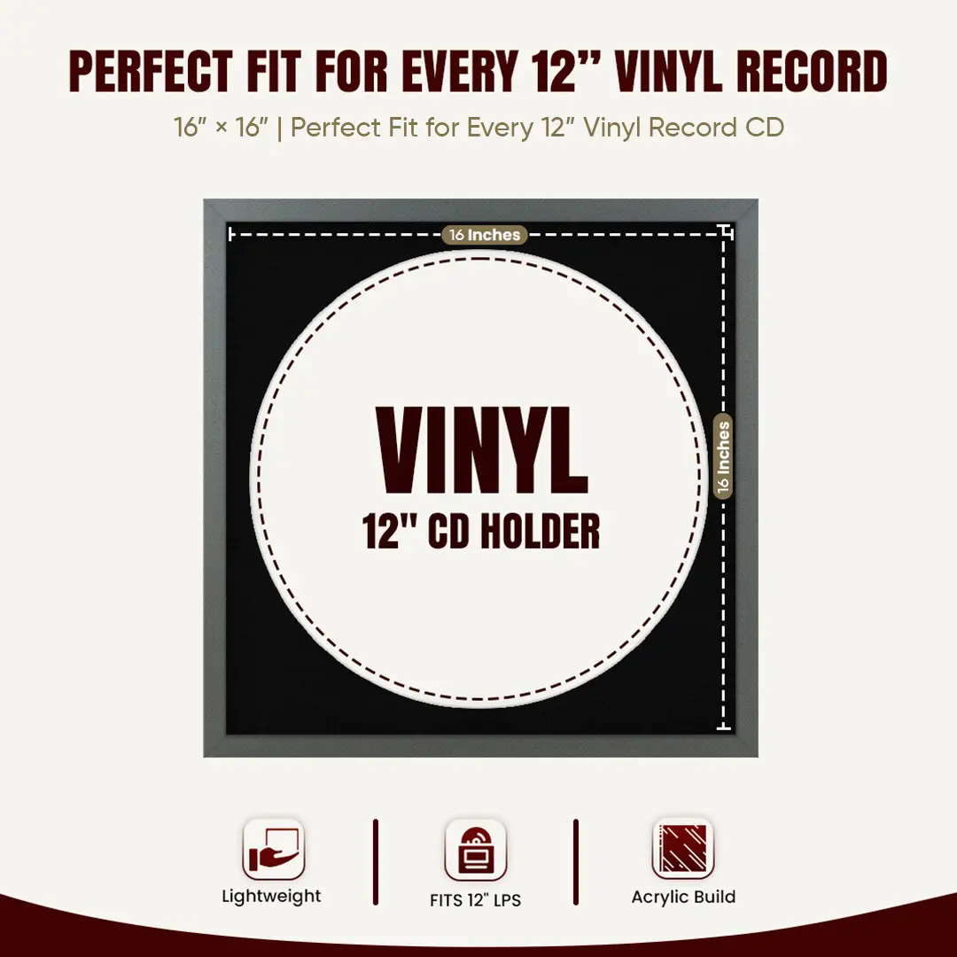 16x16" Modern Sleek Dark Grey Vinyl Record Frame With Black Mount For 12" LP Discs | Premium Wall Frame For Music Enthusiasts thumbnail 3