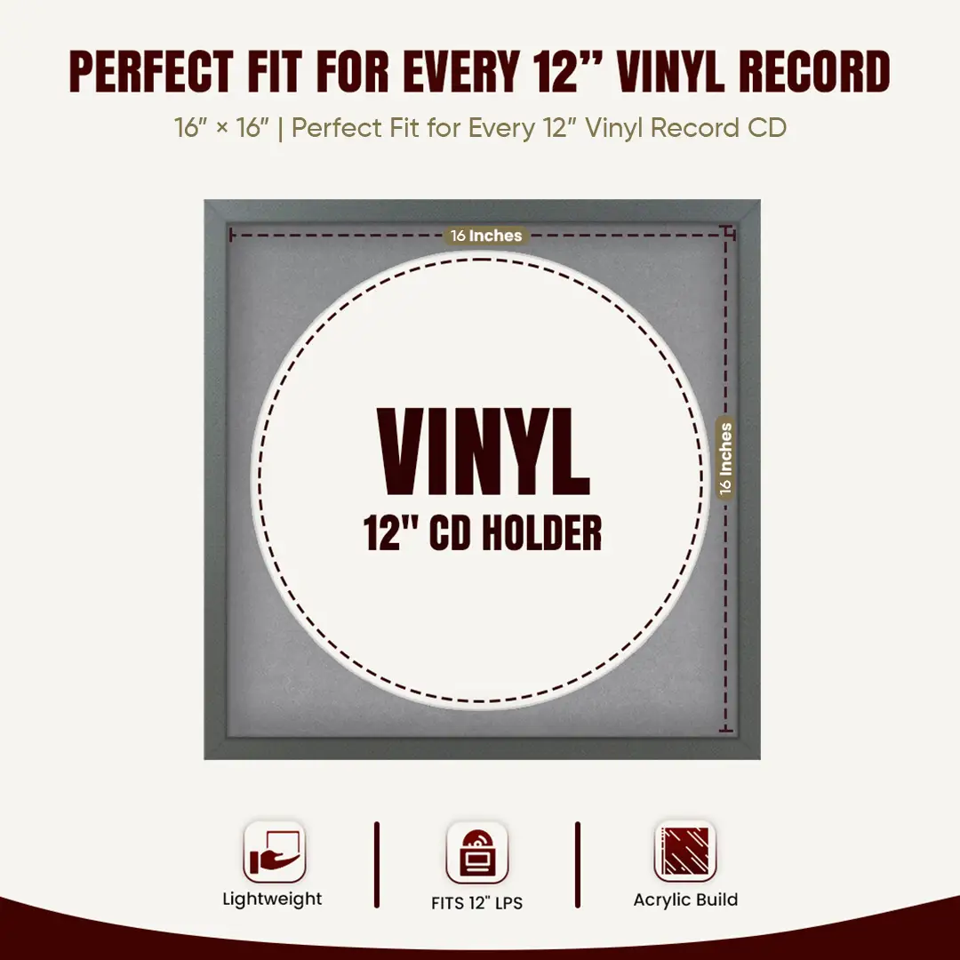16x16" Modern Sleek Dark Grey Vinyl Record Frame With Mid Grey Mount For 12" LP Discs | Elegant Frame For Music Lovers thumbnail 3
