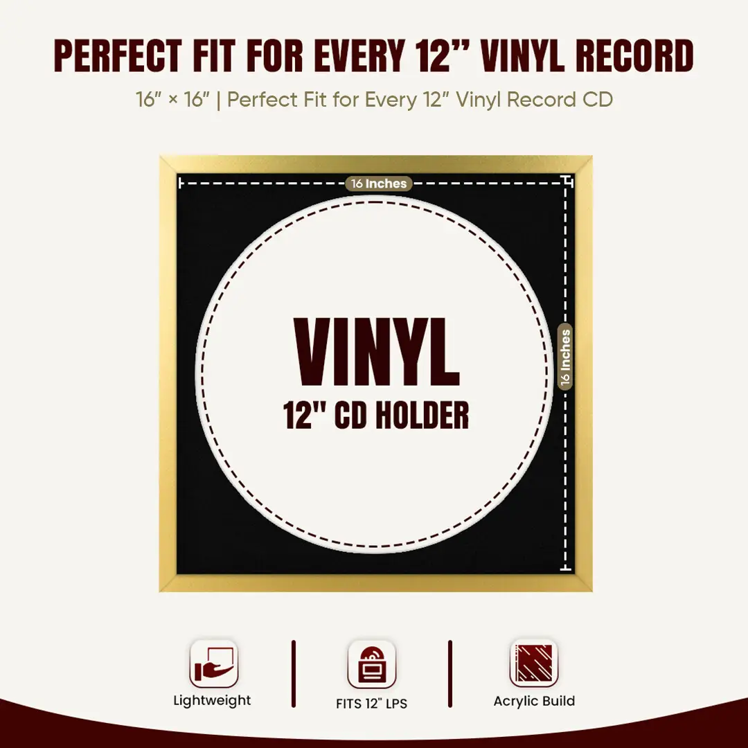 16x16" Modern Sleek Gold Vinyl Record Frame With Black Mount For 12" LP Discs | Contemporary Wall Display thumbnail 3