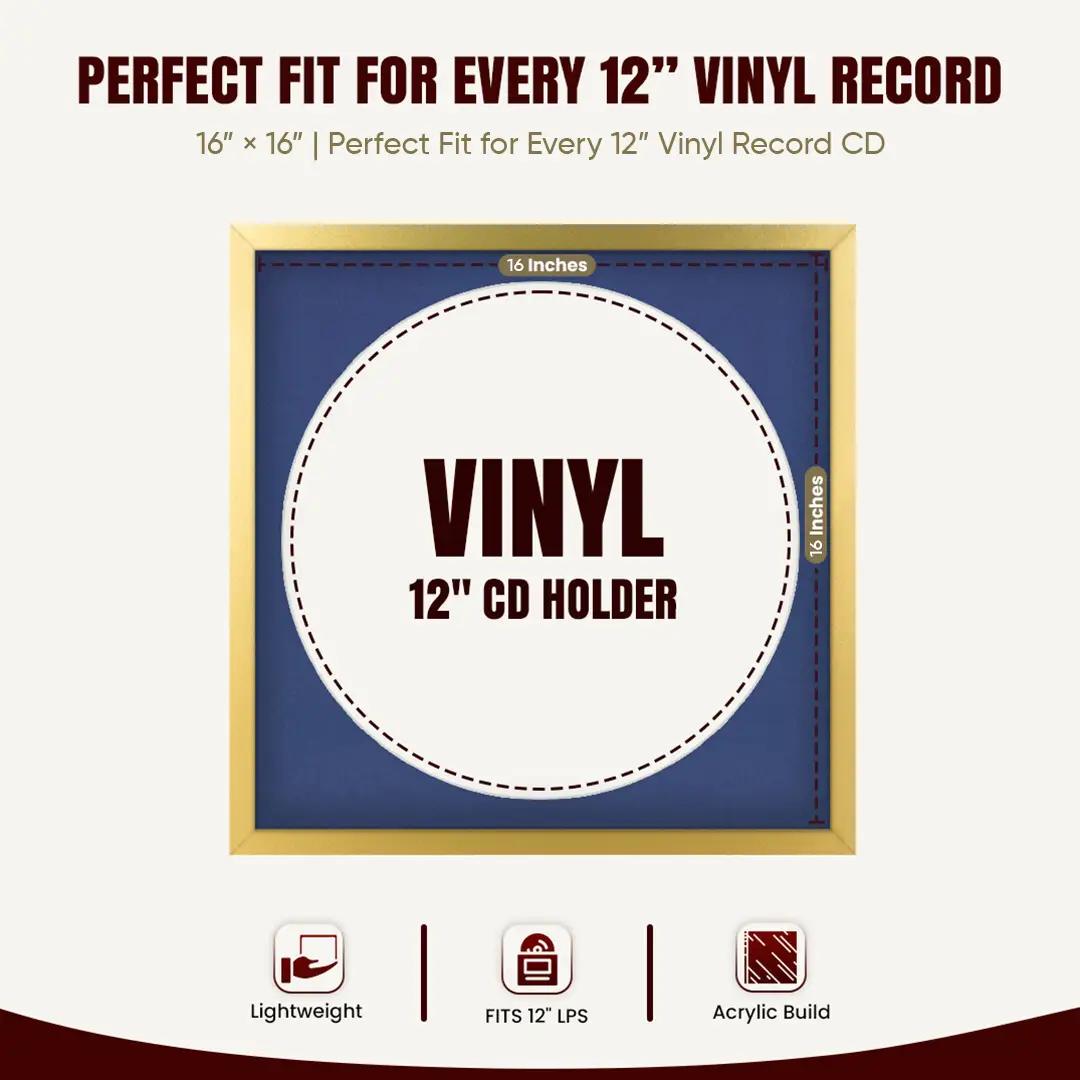 16x16" Modern Sleek Gold Vinyl Record Frame With Blue Mount For 12" LP Discs | Contemporary Wall Display thumbnail 3