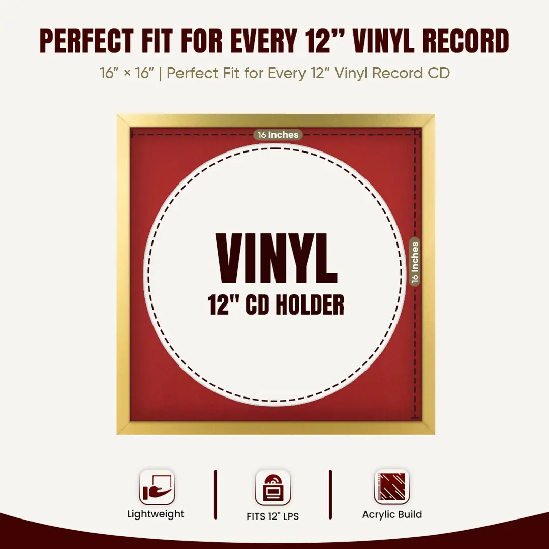 16x16" Modern Sleek Gold Vinyl Record Frame With Crimson Mount For 12" LP Discs | Contemporary Wall Display thumbnail 3