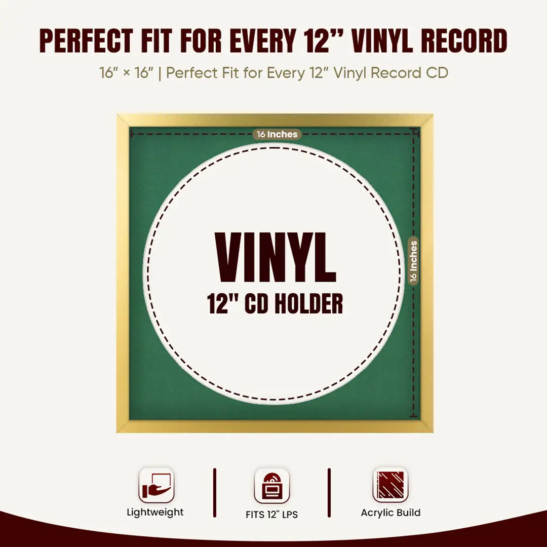 16x16" Modern Sleek Gold Vinyl Record Frame With Emerald (Green) Mount For 12" LP Discs | Elegant Frame For Music Lovers thumbnail 3