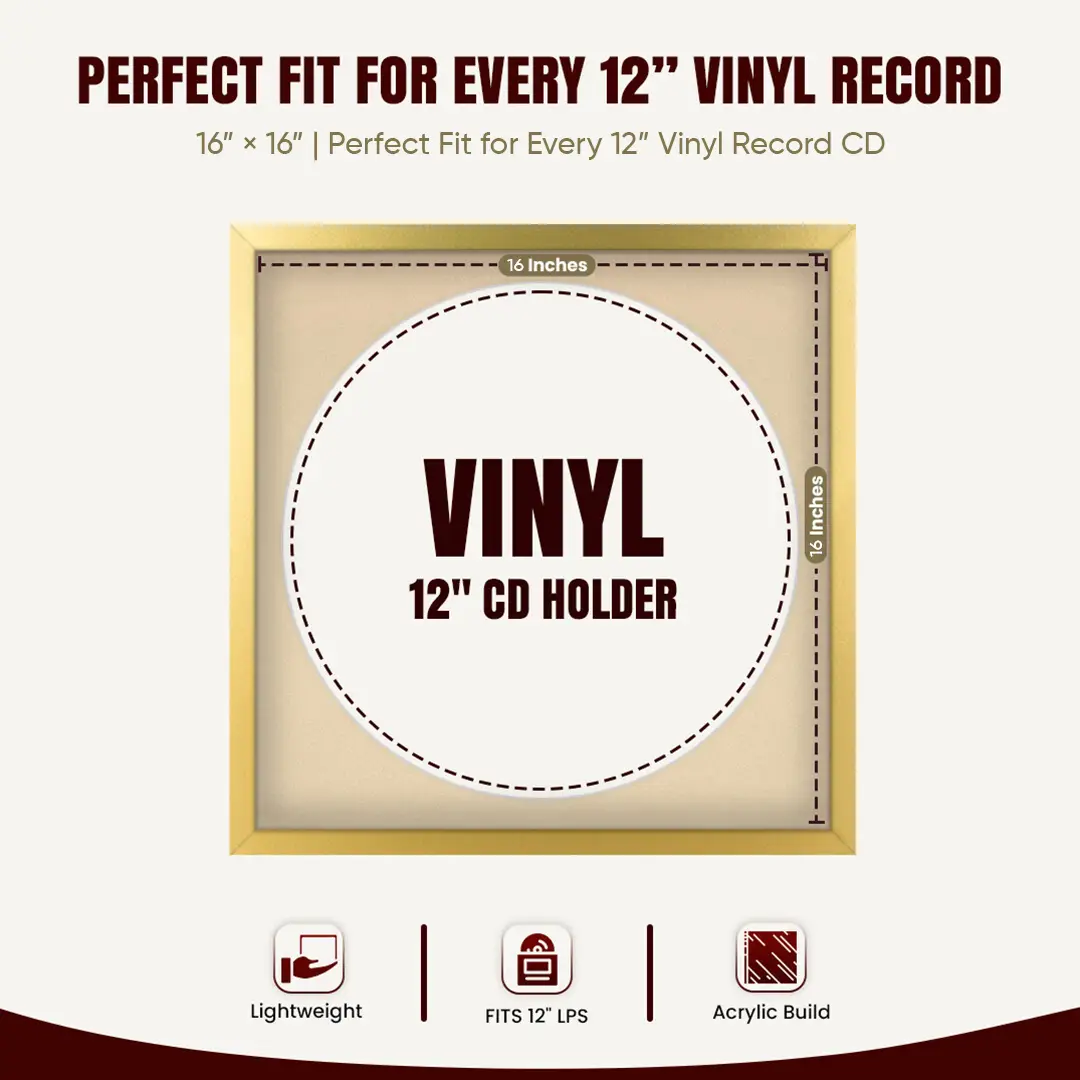 16x16" Modern Sleek Gold Vinyl Record Frame With Ivory Mount For 12" LP Discs | Premium Wall Frame For Music Enthusiasts thumbnail 3