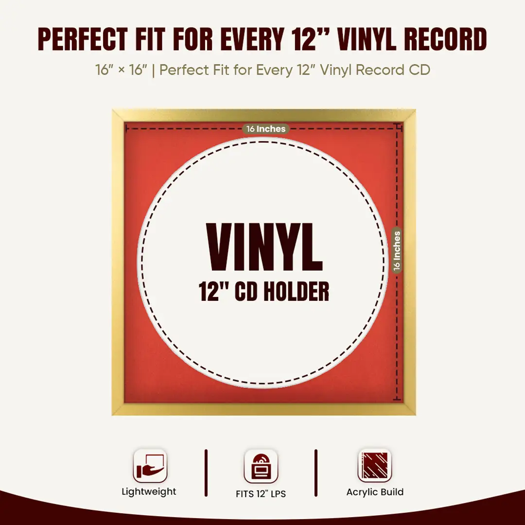 16x16" Modern Sleek Gold Vinyl Record Frame With Poppy Red Mount For 12" LP Discs | Contemporary Wall Display thumbnail 3