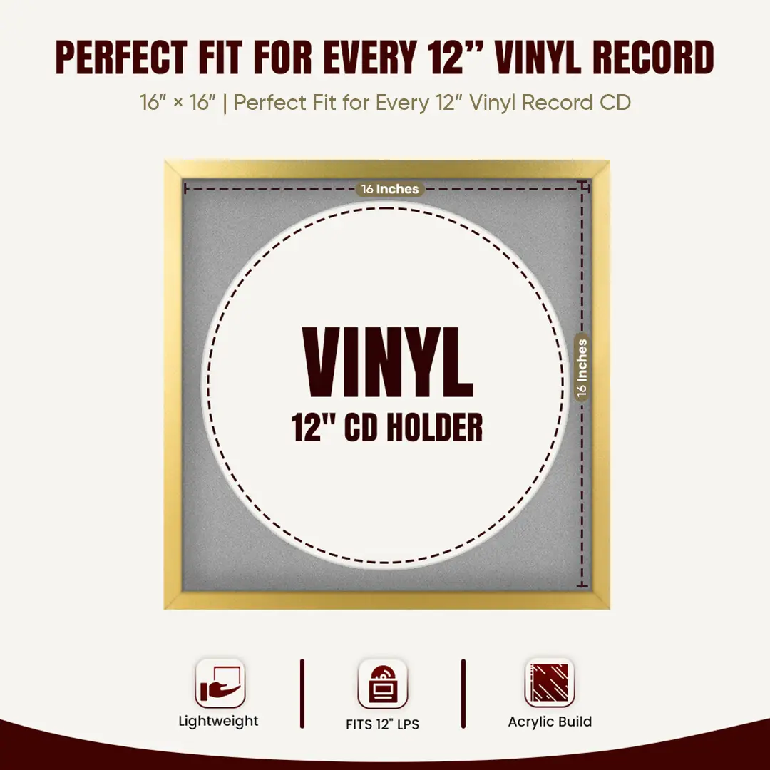 16x16" Modern Sleek Gold Vinyl Record Frame With Black Mount For 12" LP Discs | Premium Wall Frame For Music Enthusiasts thumbnail 3