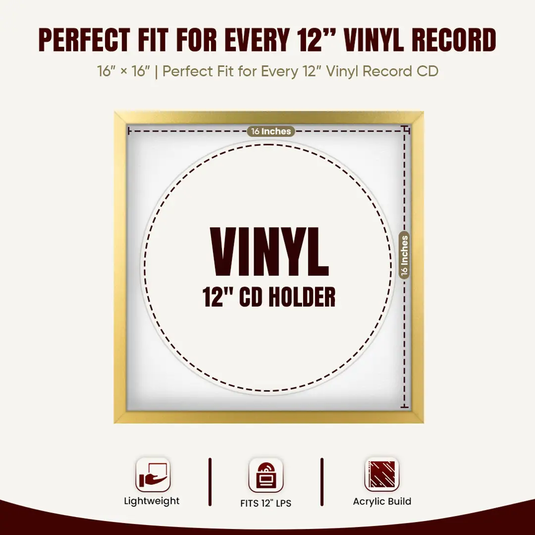 16x16" Modern Sleek Gold Vinyl Record Frame With Ice White Mount For 12" LP Discs | Premium Wall Frame For Music Enthusiasts thumbnail 3