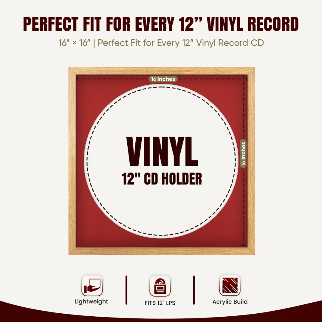 16x16" Modern Sleek Oak Vinyl Record Frame With Crimson Mount For 12" LP Discs | Contemporary Wall Display thumbnail 3