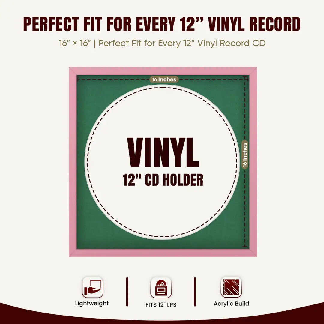 16x16" Modern Sleek Pastel Pink Vinyl Record Frame With Emerald (Green) Mount For 12" LP Discs | Premium Wall Frame For Music Enthusiasts thumbnail 3