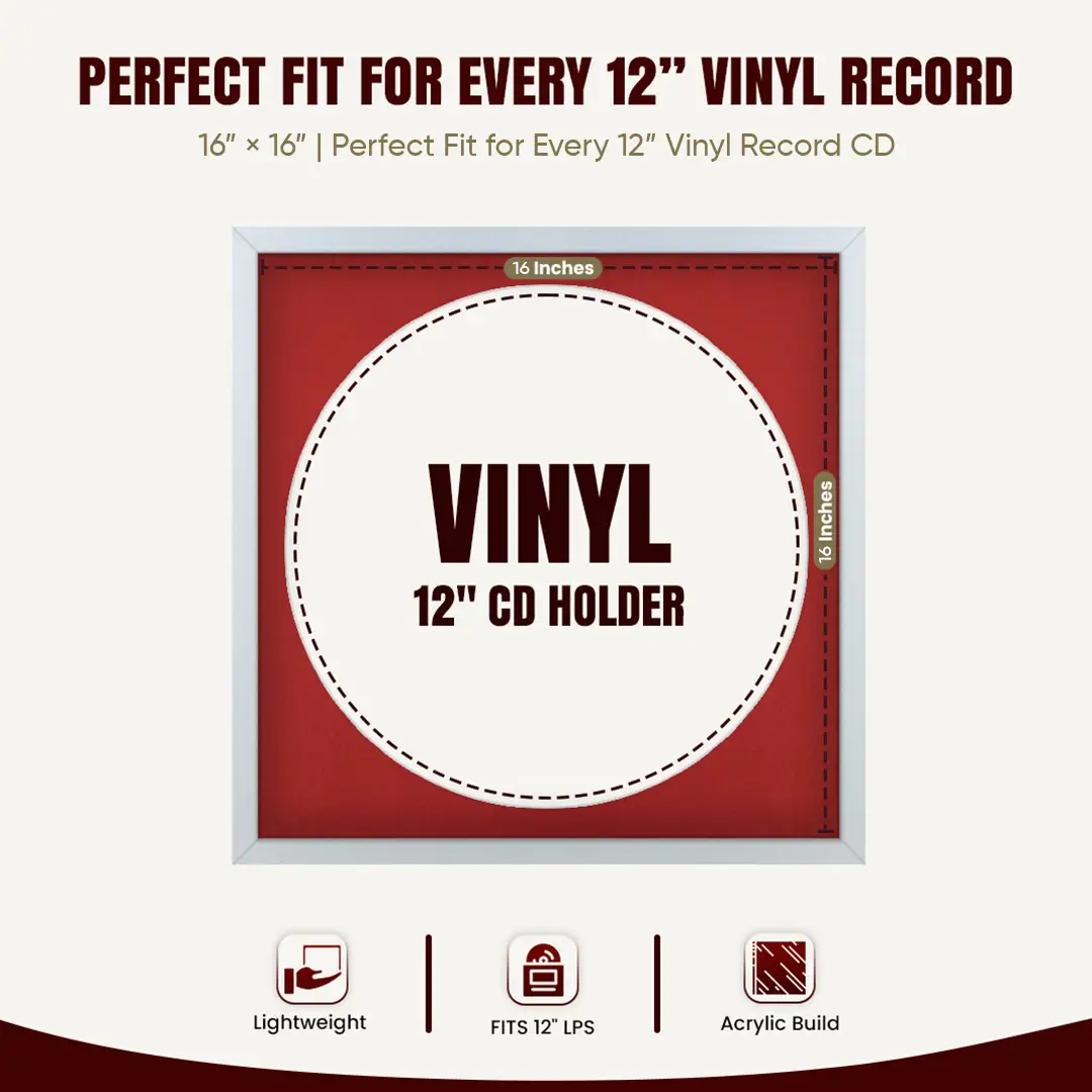 16x16" Modern Sleek Silver Vinyl Record Frame With Crimson Mount For 12" LP Discs | Elegant Frame For Music Lovers thumbnail 3