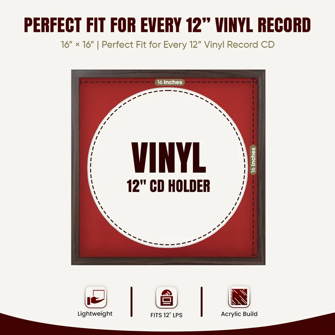 16x16" Modern Sleek Walnut Vinyl Record Frame With Crimson Mount For 12" LP Discs | Premium Wall Frame For Music Enthusiasts thumbnail 3