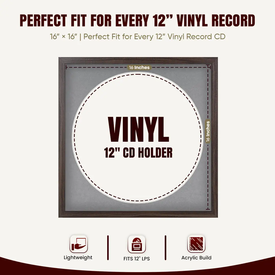 16x16" Modern Sleek Walnut Vinyl Record Frame With Mid Grey Mount For 12" LP Discs | Contemporary Wall Display thumbnail 3
